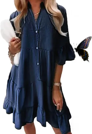 Alltoright V-Neck Ruffle Trim Summer Dress – Lightweight Denim Look, Washed Cotton Half-Sleeve Dress for Women