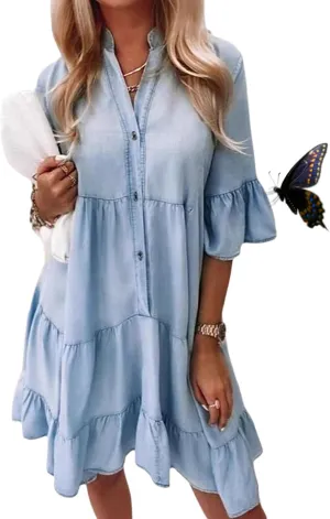 Alltoright V-Neck Ruffle Trim Summer Dress – Lightweight Denim Look, Washed Cotton Half-Sleeve Dress for Women