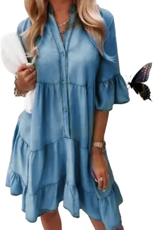 Alltoright V-Neck Ruffle Trim Summer Dress – Lightweight Denim Look, Washed Cotton Half-Sleeve Dress for Women