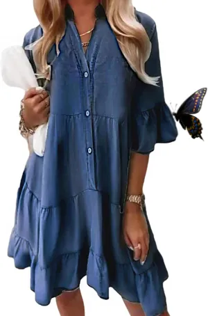 Alltoright V-Neck Ruffle Trim Summer Dress – Lightweight Denim Look, Washed Cotton Half-Sleeve Dress for Women