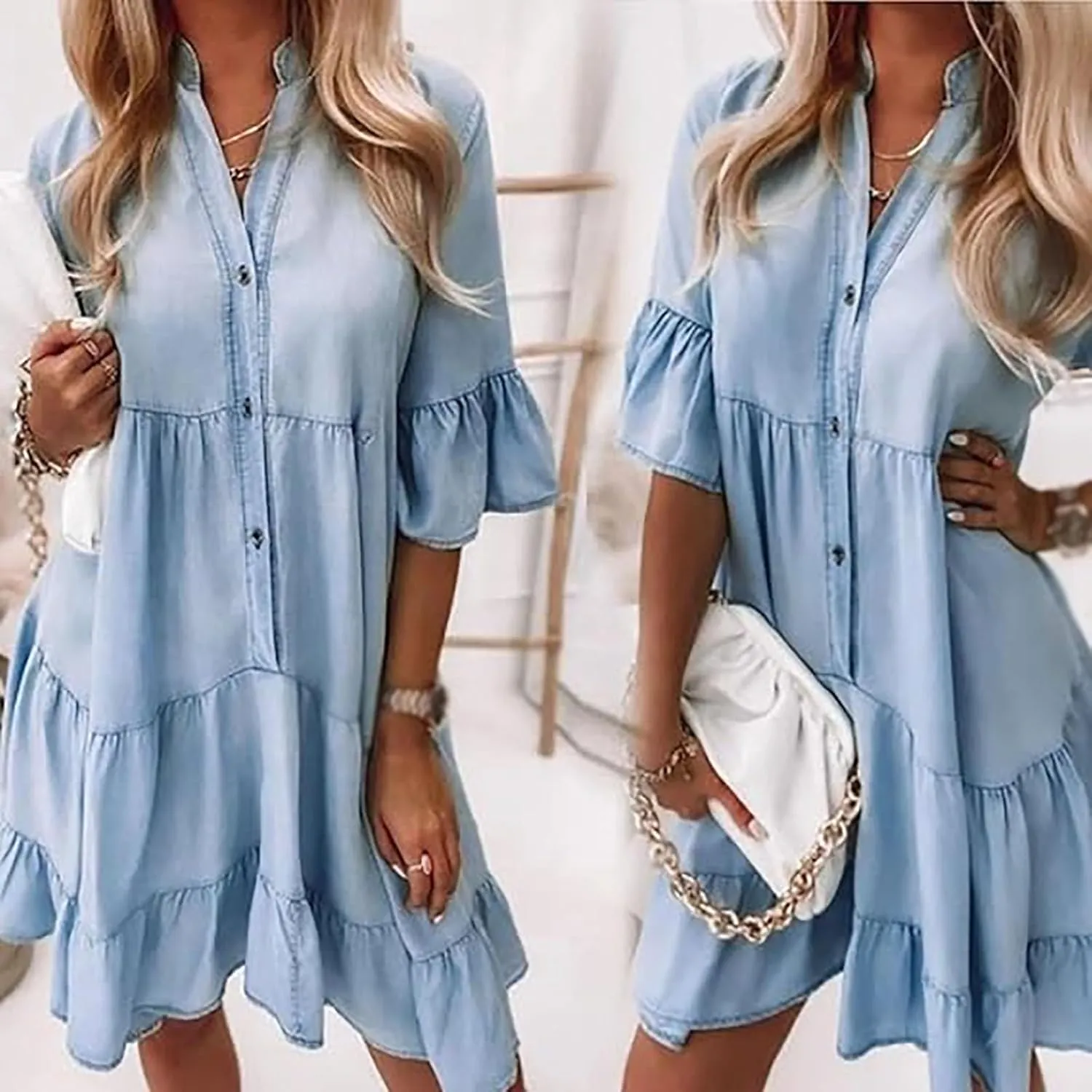Alltoright V-Neck Ruffle Trim Summer Dress – Lightweight Denim Look, Washed Cotton Half-Sleeve Dress for Women