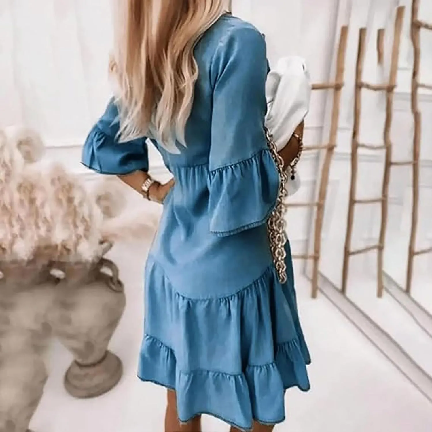 Alltoright V-Neck Ruffle Trim Summer Dress – Lightweight Denim Look, Washed Cotton Half-Sleeve Dress for Women