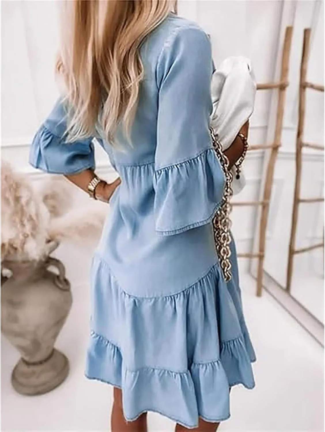 Alltoright V-Neck Ruffle Trim Summer Dress – Lightweight Denim Look, Washed Cotton Half-Sleeve Dress for Women