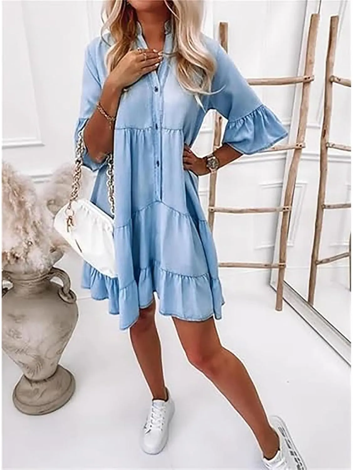 Alltoright V-Neck Ruffle Trim Summer Dress – Lightweight Denim Look, Washed Cotton Half-Sleeve Dress for Women