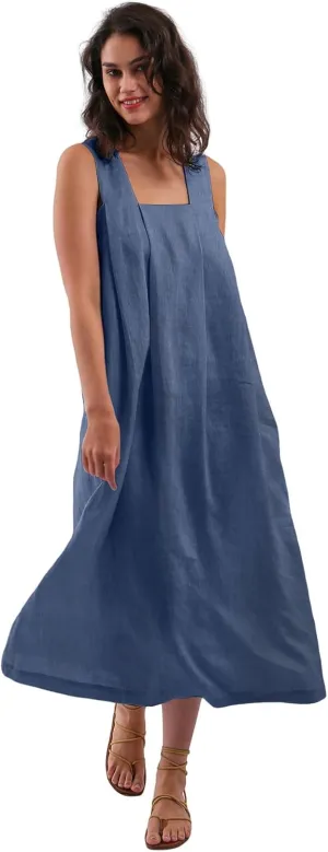 Amazhiyu Women's 100% Linen Sleeveless Strap Midi Dresses with Pockets Summer Casual