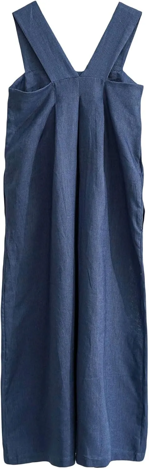 Amazhiyu Women's 100% Linen Sleeveless Strap Midi Dresses with Pockets Summer Casual