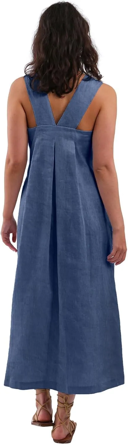 Amazhiyu Women's 100% Linen Sleeveless Strap Midi Dresses with Pockets Summer Casual