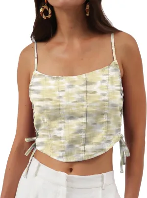 Amazhiyu Womens Pure Linen Crop Corset Top Summer Casual Floral Lace Up Bustier