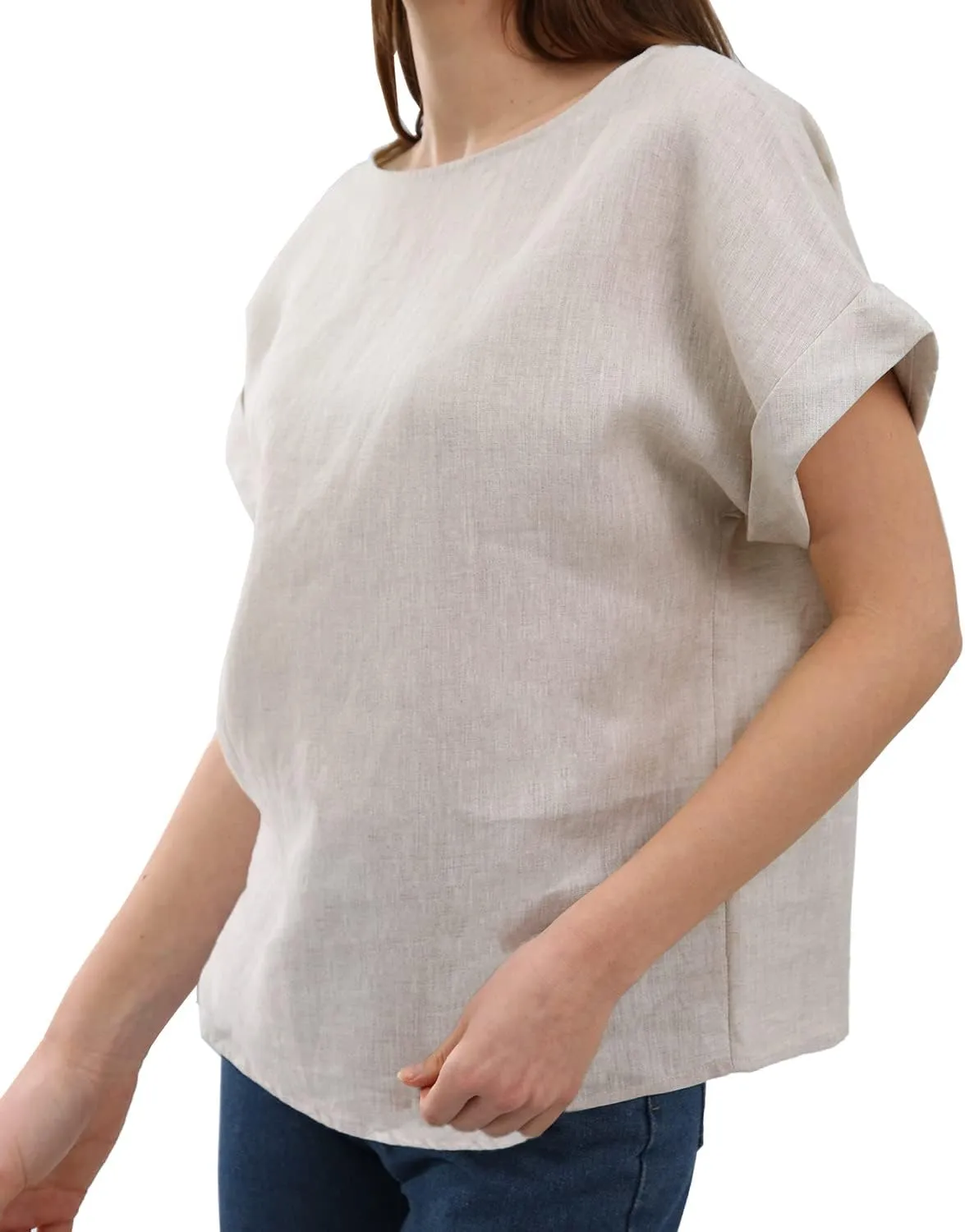Amazhiyu Womens Pure Linen Short Sleeve Blouses Basic Summer Casual Tops