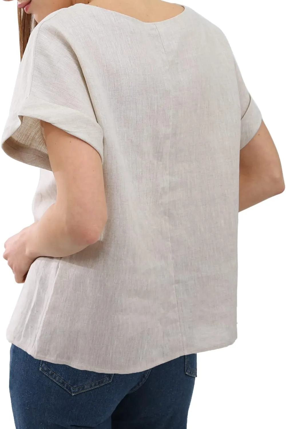 Amazhiyu Womens Pure Linen Short Sleeve Blouses Basic Summer Casual Tops