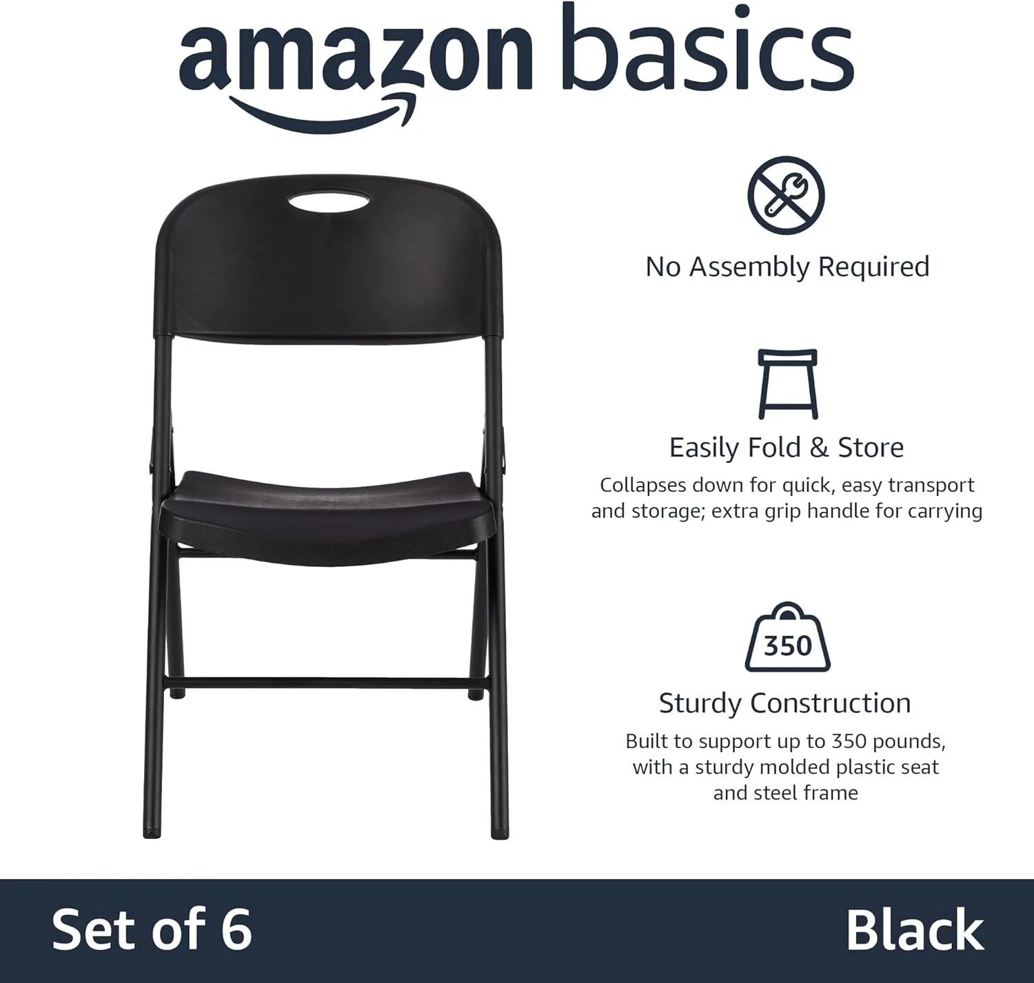 Amazon Basics Sturdy Foldable Plastic Chair, Portable, 350-Pound Capacity, Black, 6-Pack