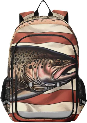 American Flag Trout Closeup Backpack Travel Laptop Daypack Shoulder Bag Book Bag Daypack with Reflective Strip 12.9 ×17.7 In