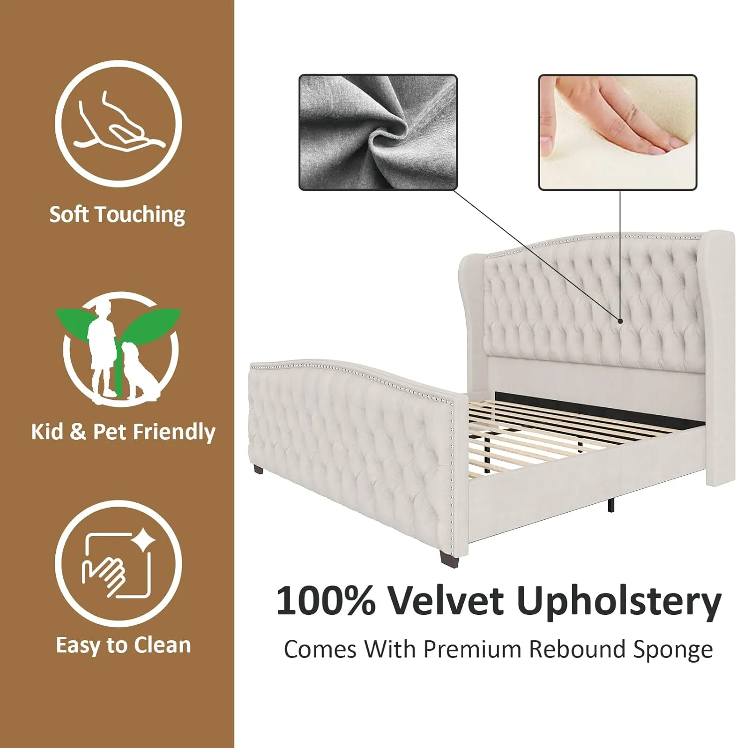 AMERLIFE King Size Platform Bed Frame, Velvet Upholstered Bed with Deep Button Tufted & Nailhead Trim Wingback Headboard/No Box Spring Required/Cream