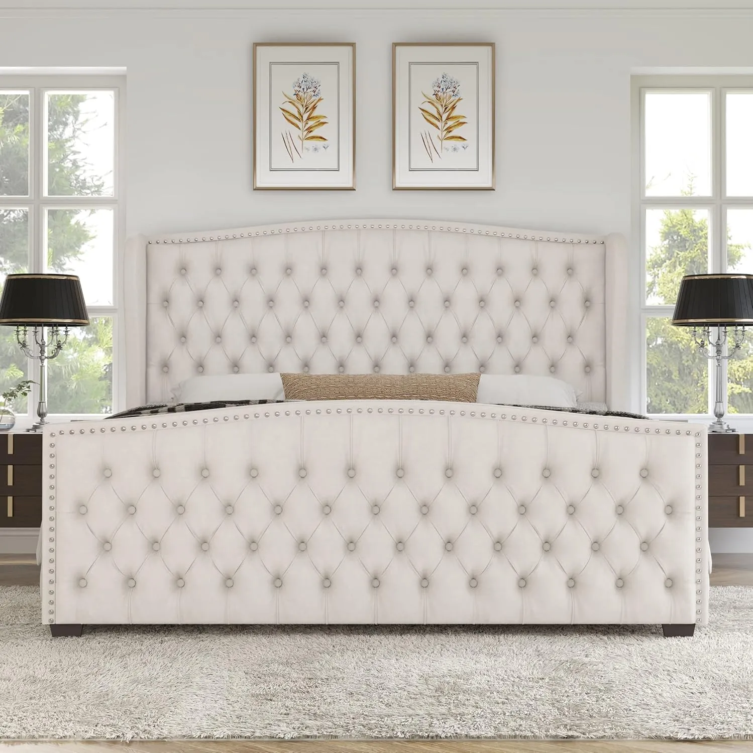 AMERLIFE King Size Platform Bed Frame, Velvet Upholstered Bed with Deep Button Tufted & Nailhead Trim Wingback Headboard/No Box Spring Required/Cream