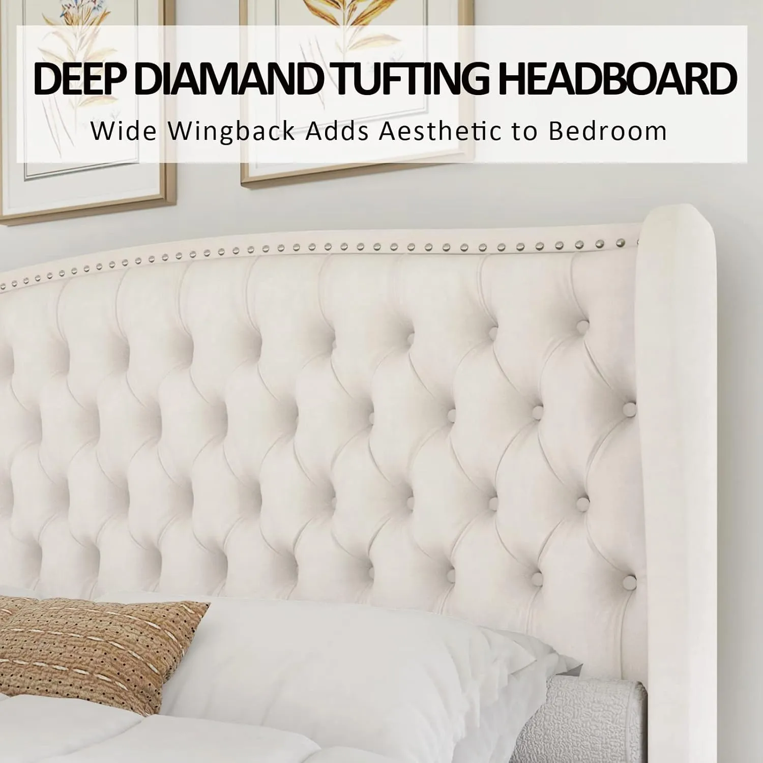 AMERLIFE Queen Size Platform Bed Frame, Velvet Upholstered Bed with Deep Button Tufted & Nailhead Trim Wingback Headboard/No Box Spring Needed/Cream