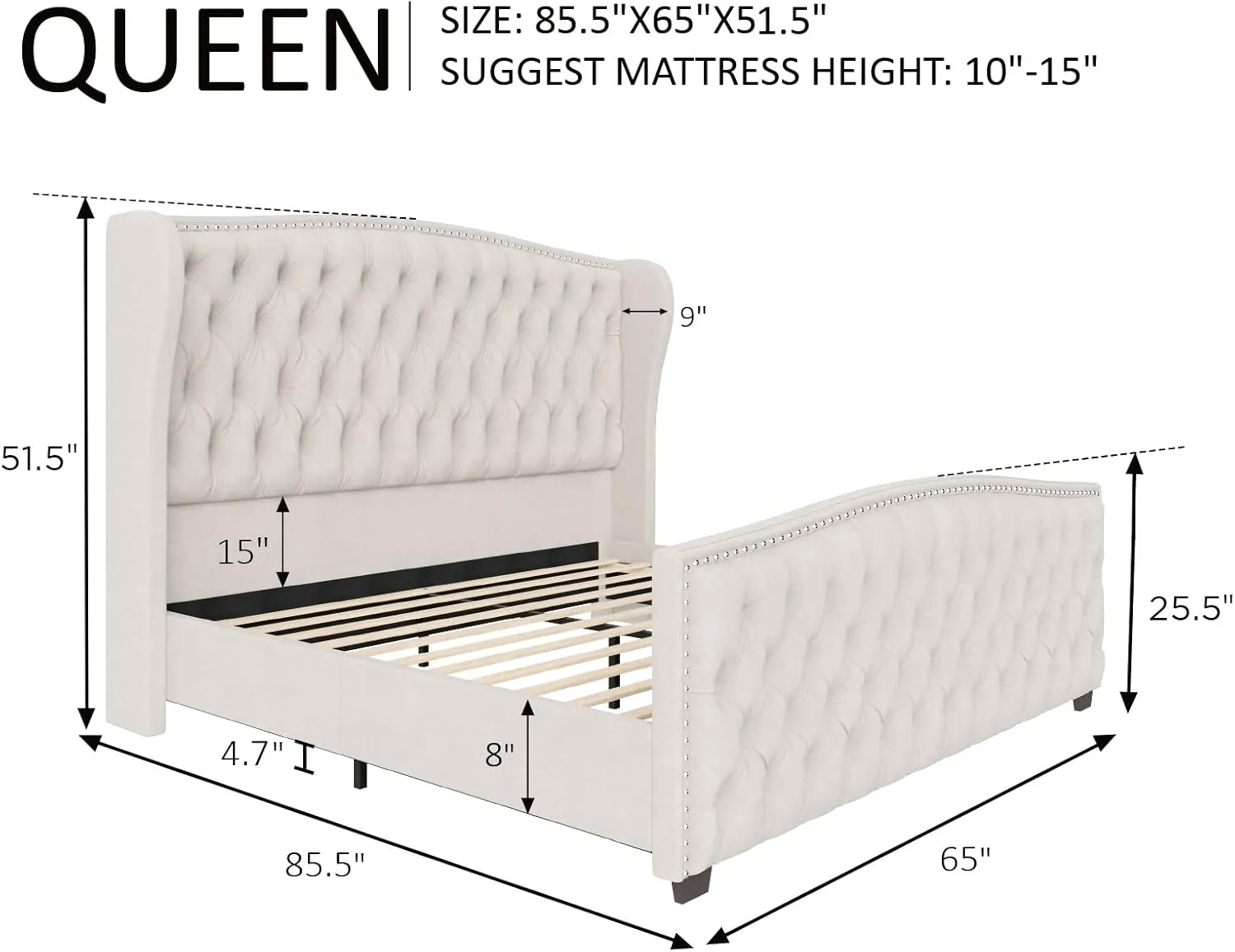 AMERLIFE Queen Size Platform Bed Frame, Velvet Upholstered Bed with Deep Button Tufted & Nailhead Trim Wingback Headboard/No Box Spring Needed/Cream