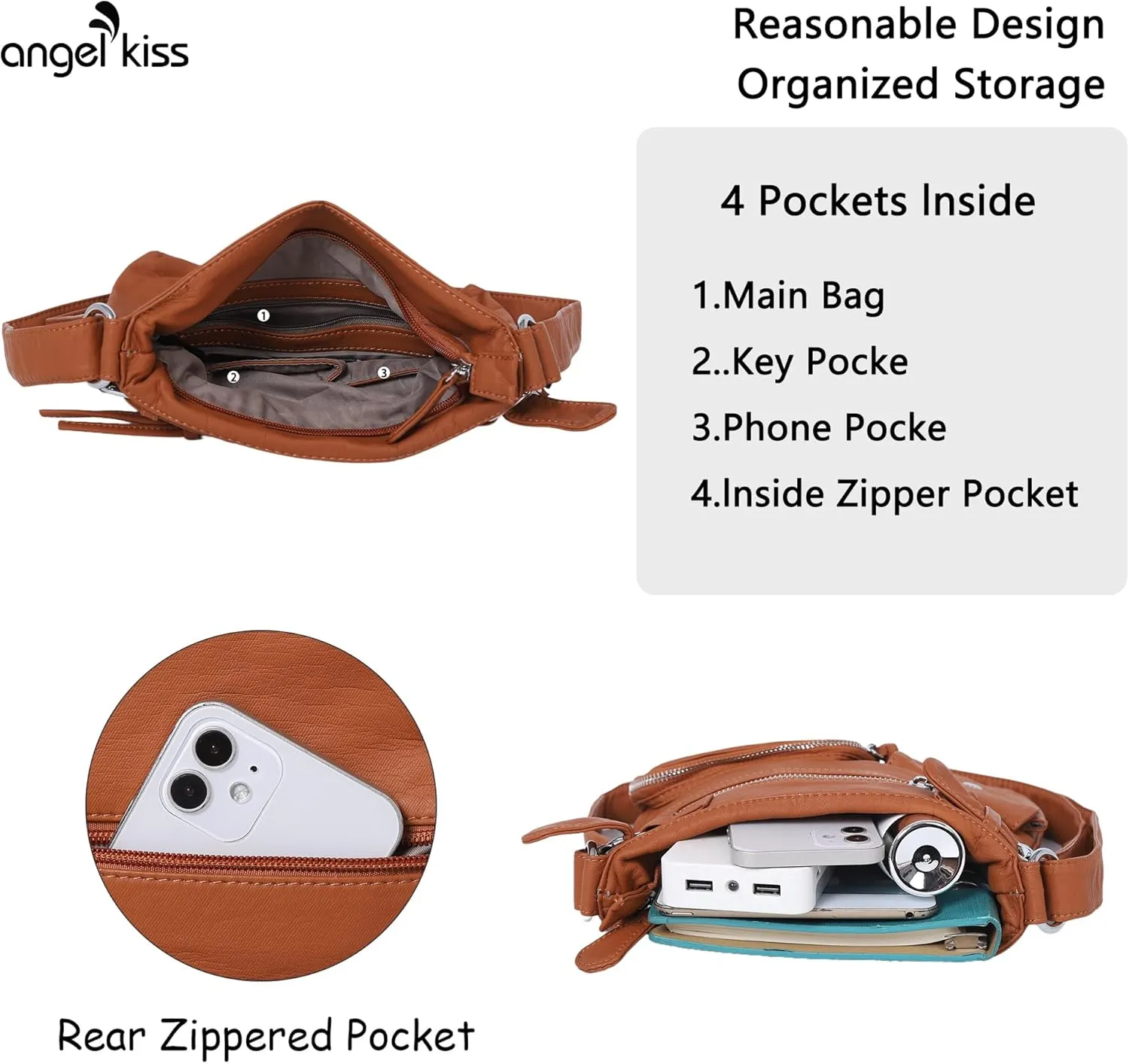 Angel Kiss Crossbody Bags for Women Washed Leather Shoulder Bags Multi Pocket Soft Hobo Purses and Medium Handbags
