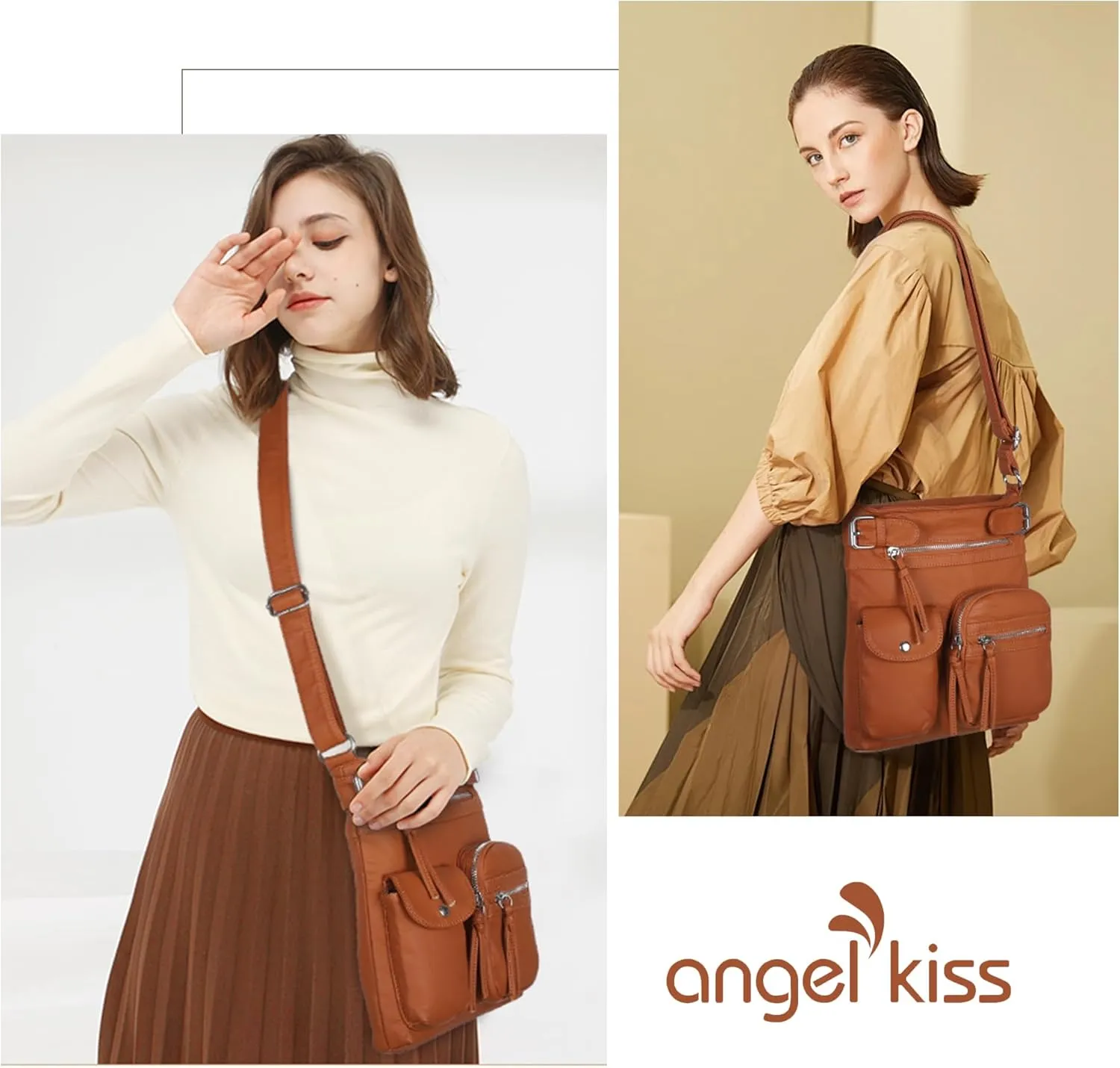 Angel Kiss Crossbody Bags for Women Washed Leather Shoulder Bags Multi Pocket Soft Hobo Purses and Medium Handbags