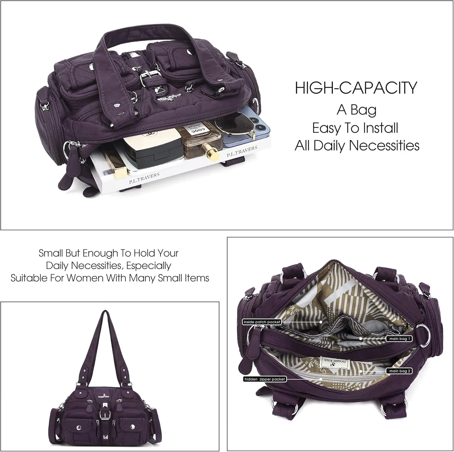 Angel Kiss Hobo Crossbody Purses for Women Shoulder Bag Multipocket Soft Hobo Purses Removable Strap Leather Handbags