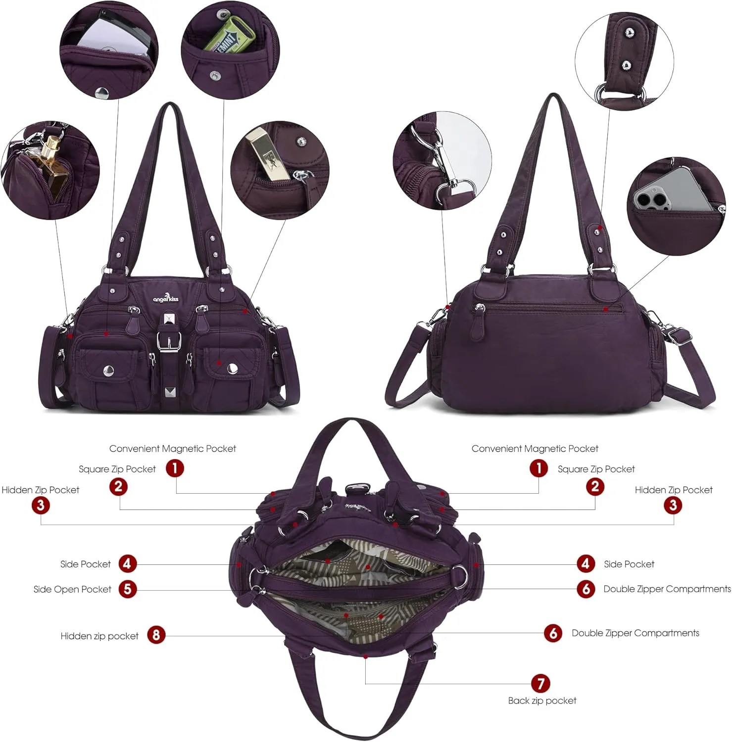 Angel Kiss Hobo Crossbody Purses for Women Shoulder Bag Multipocket Soft Hobo Purses Removable Strap Leather Handbags
