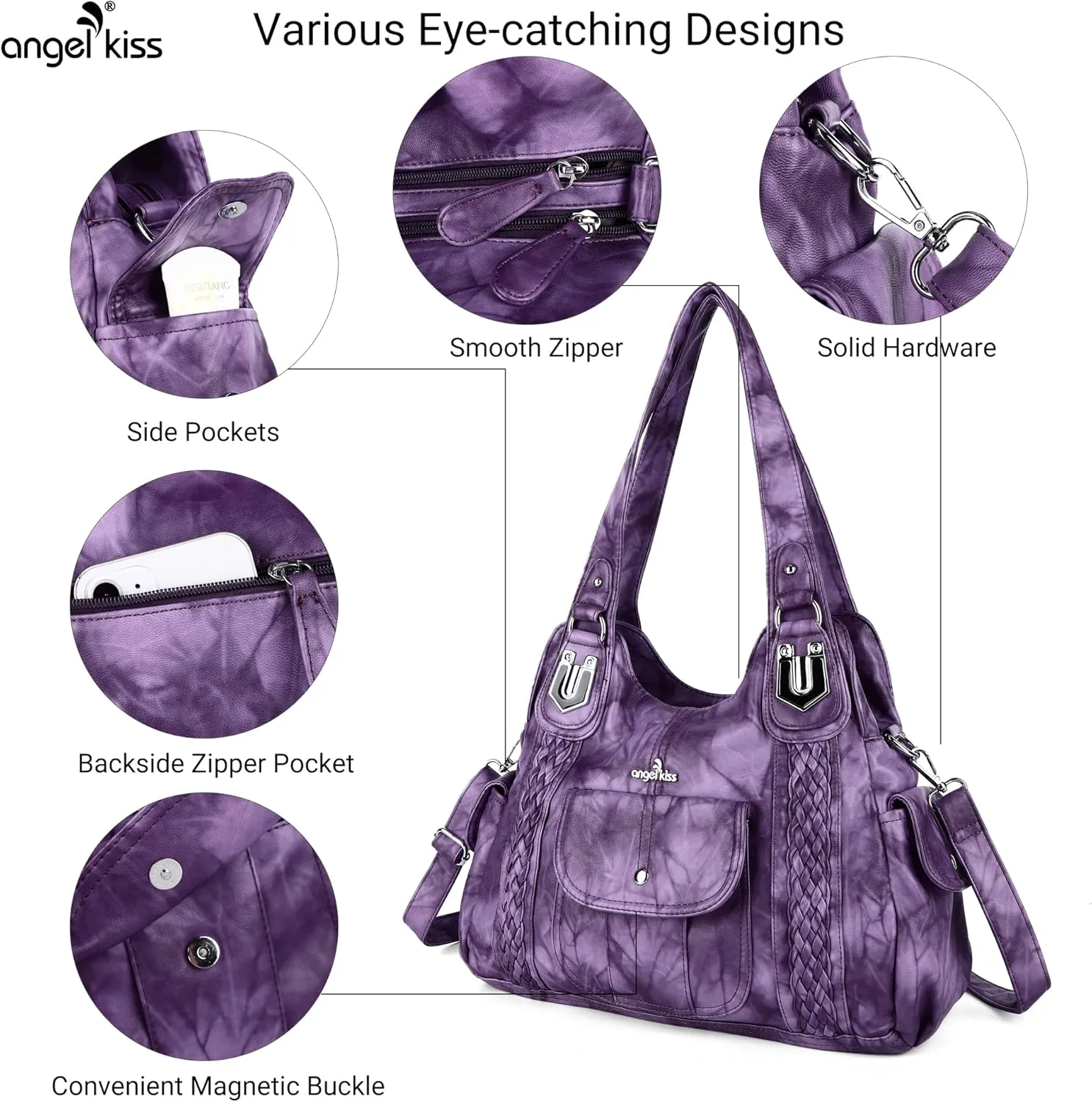 Angelkiss Purses and Handbags for Women Washed Vegan Leather Crossbody Hobo Satchel Shoulder Tote Purse