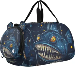 Anglerfish Fish Duffle Bag for Toddler Girls Boys, Gym Sports Bag with Shoe Compartments, Kids Travel Overnight Weekender Shoulder Bag