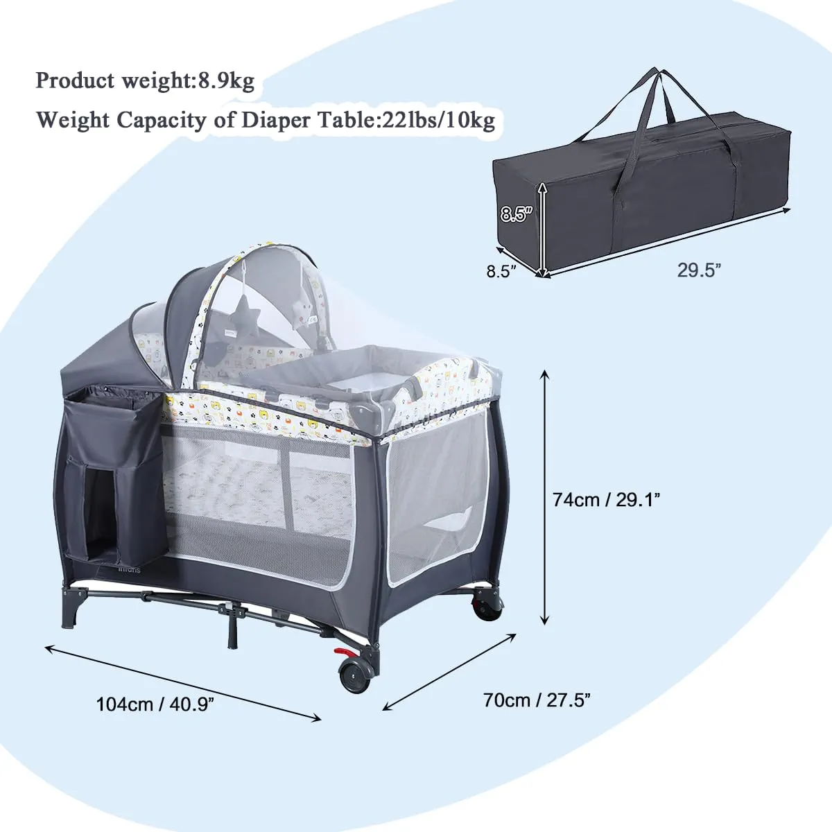ANNA QUEEN 4 in 1 Pack and Play,Portable Baby Nursery Center Baby Playard with Bassinet &Changing Table,Foldable Baby Crib Travel Playpen with Wheels,Removable Canopy with Toys,Storage Bag (Grey)