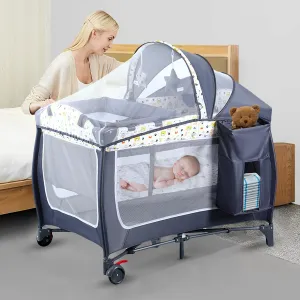 ANNA QUEEN 4 in 1 Pack and Play,Portable Baby Nursery Center Baby Playard with Bassinet &Changing Table,Foldable Baby Crib Travel Playpen with Wheels,Removable Canopy with Toys,Storage Bag (Grey)