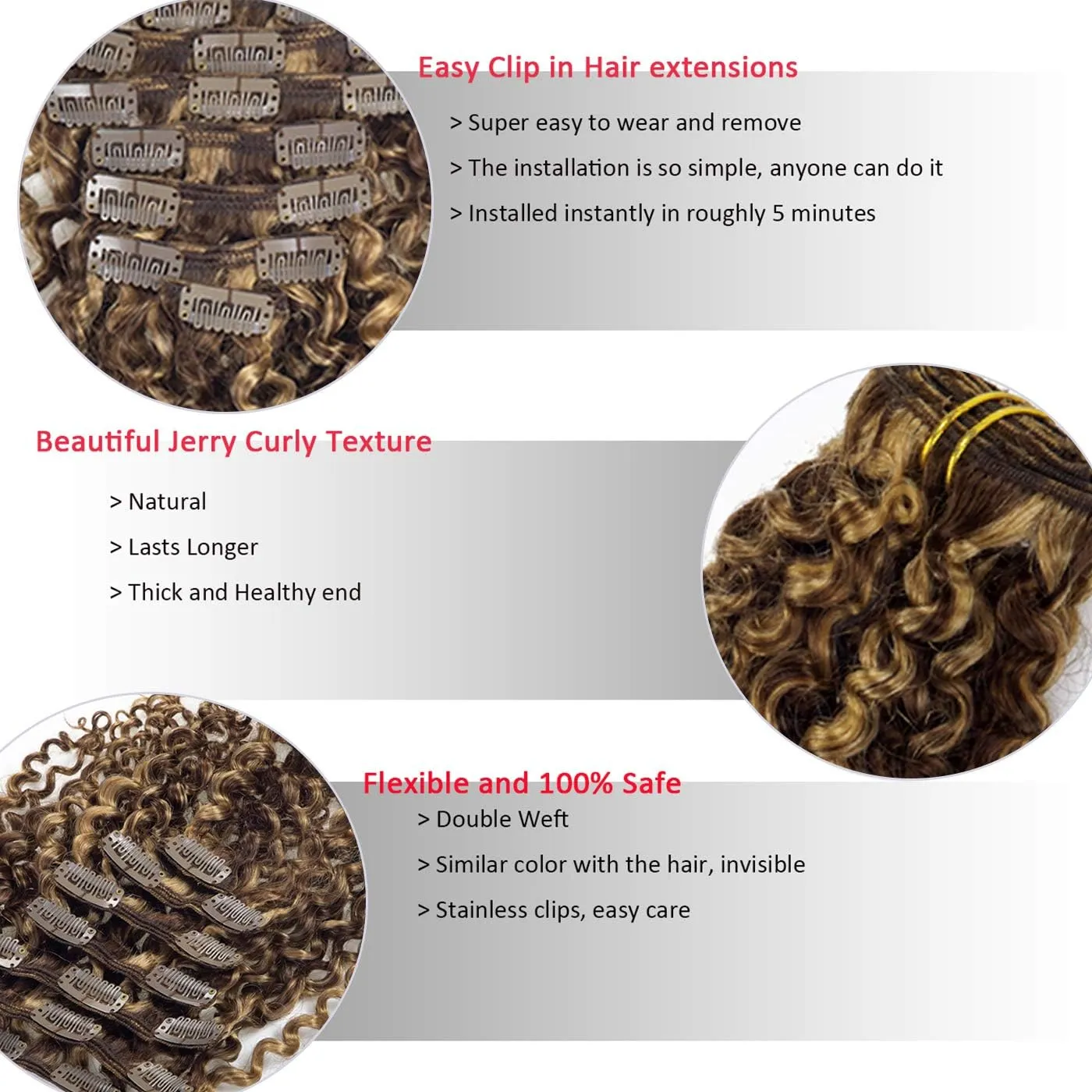 Anrosa Jerry Curly Hair Clip in Extensions Real Human Hair 3b 3c Curly Clip ins Soft Curl Double Weft Full Head for Black Women Color #4 Dark Brown Mixed with #27 Strawberry Blonde 14inch 120g 7Pcs
