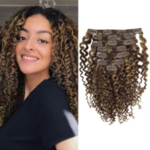 Anrosa Jerry Curly Hair Clip in Extensions Real Human Hair 3b 3c Curly Clip ins Soft Curl Double Weft Full Head for Black Women Color #4 Dark Brown Mixed with #27 Strawberry Blonde 14inch 120g 7Pcs