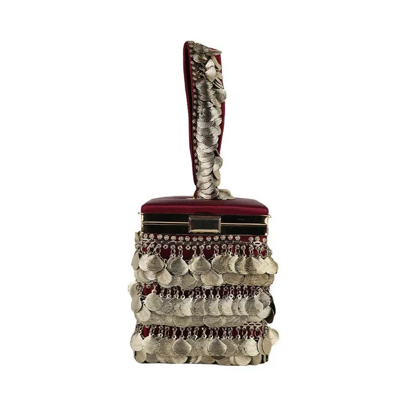 Antique Gold Coin Tassel Handbag – Luxe Velvet Box Clutch