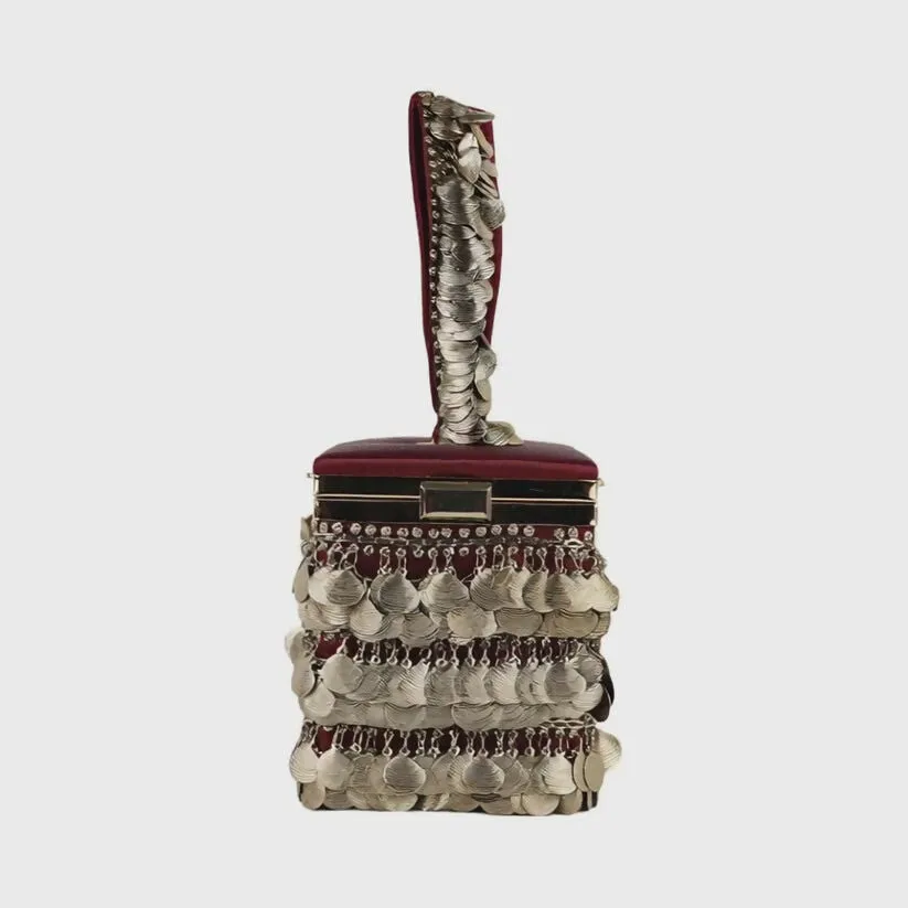 Antique Gold Coin Tassel Handbag – Luxe Velvet Box Clutch