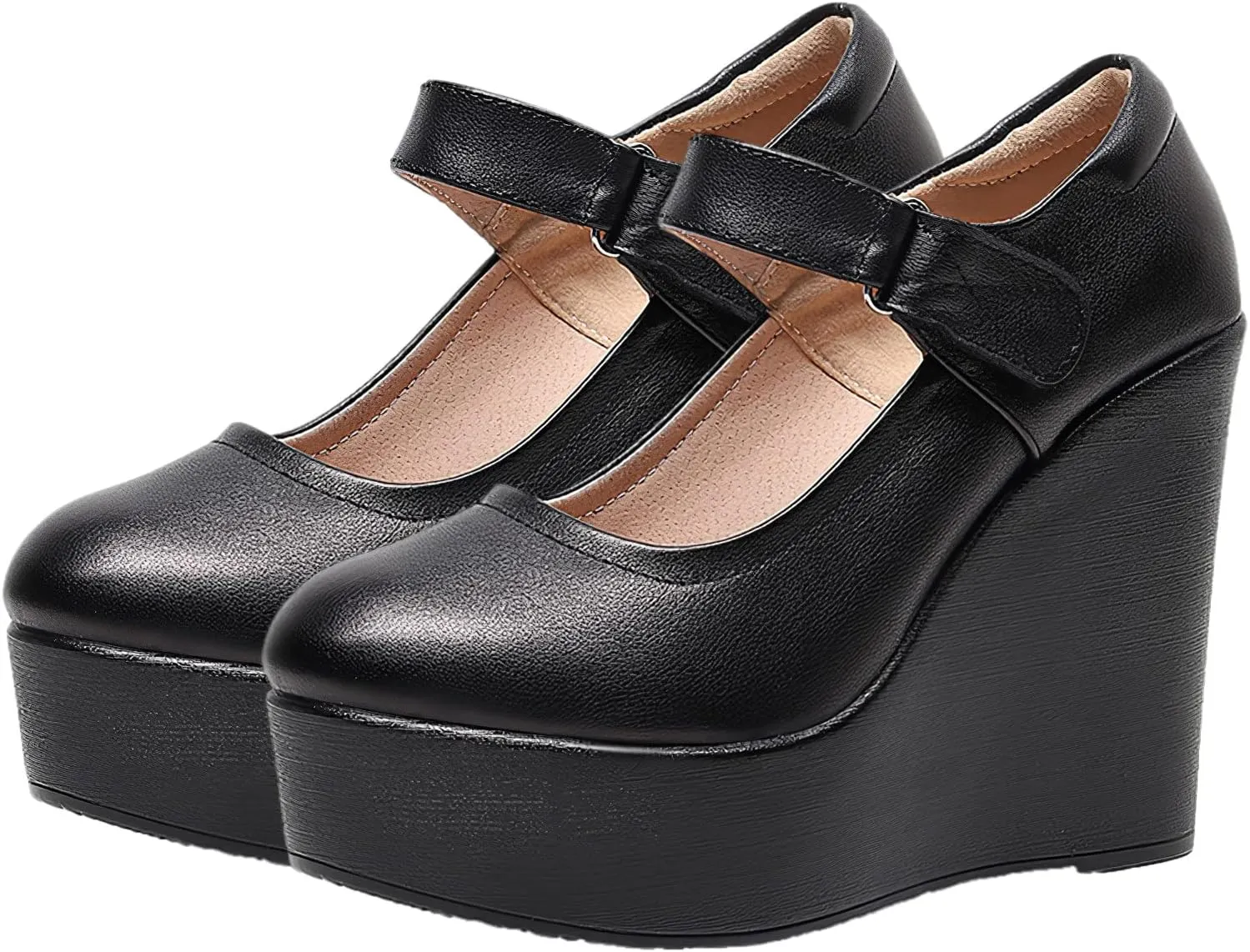 ANUFER Women's High Platform Wedge Heel Mary Jane Shoes Hook&Loop Ankle Strap Leather Pumps