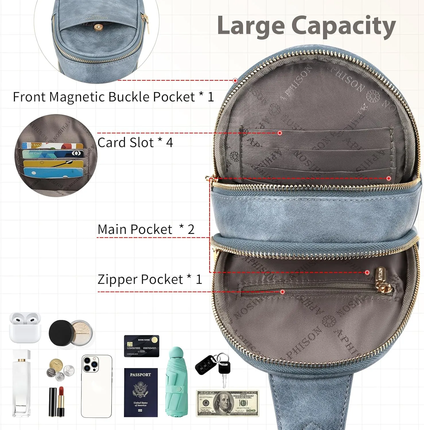 APHISON Small Sling Bag Cell Phone Purse Vegan Leather Fanny Packs Chest Bag with Adjustable Strap Blue