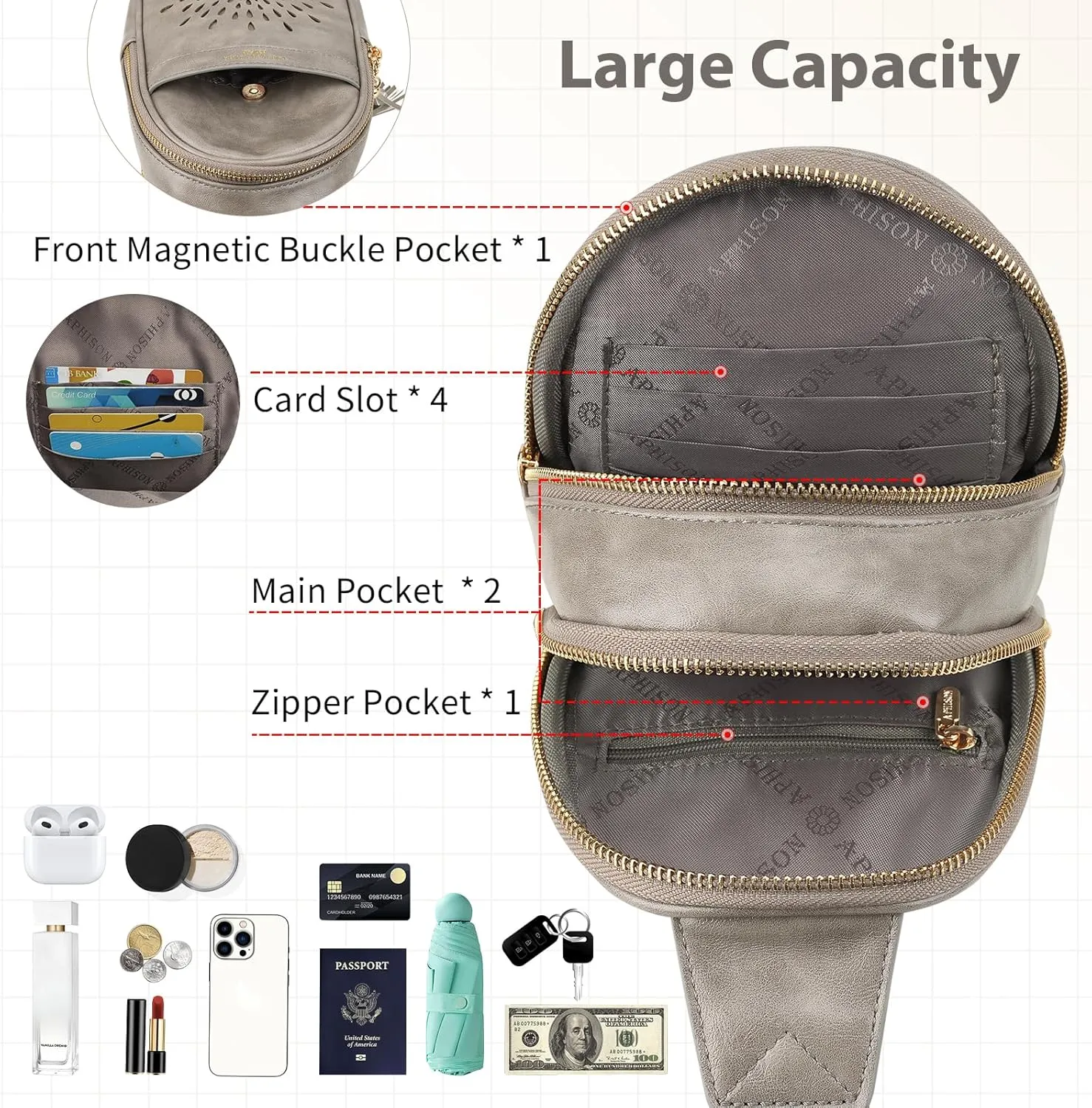 APHISON Small Sling Bag Cell Phone Purse Vegan Leather Fanny Packs Chest Bag with Adjustable Strap Gray
