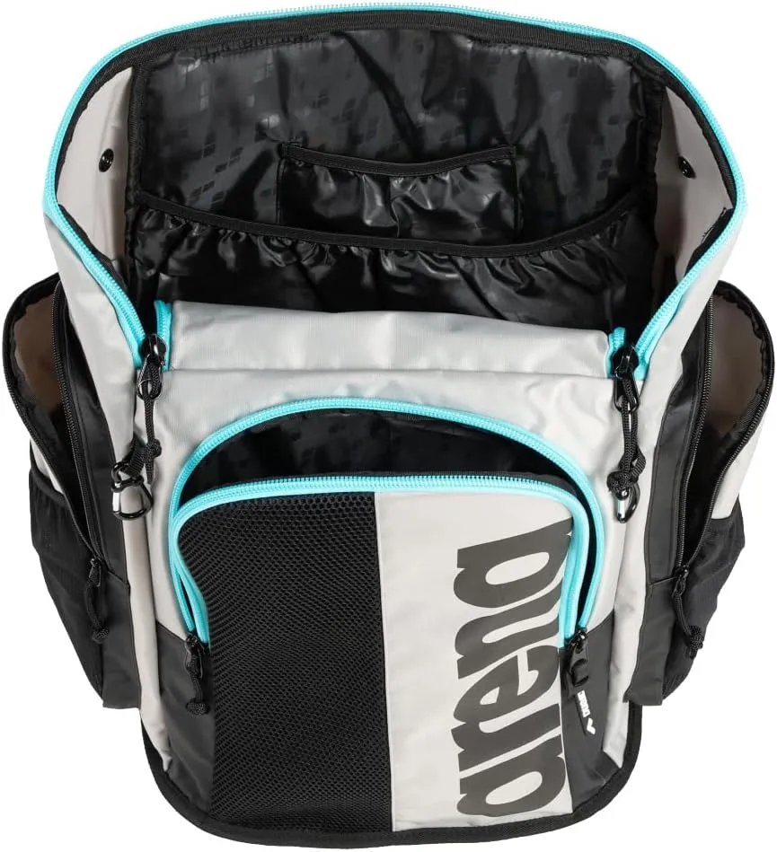 Arena Spiky III Backpack 45 Swimming Athlete Sports Gym Rucksack Large Training Gear Equipment Swim Bag for Men and Women, 45 Liters, Ice/Blue Sky