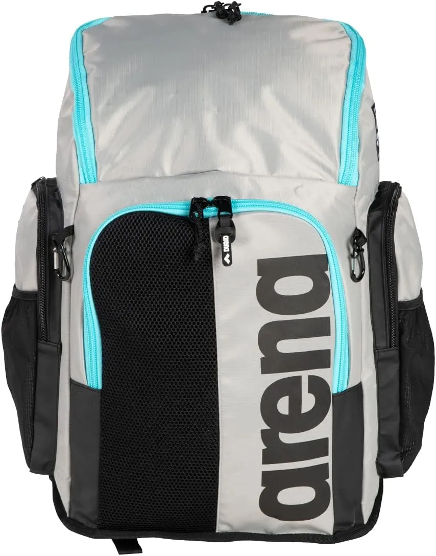 Arena Spiky III Backpack 45 Swimming Athlete Sports Gym Rucksack Large Training Gear Equipment Swim Bag for Men and Women, 45 Liters, Ice/Blue Sky