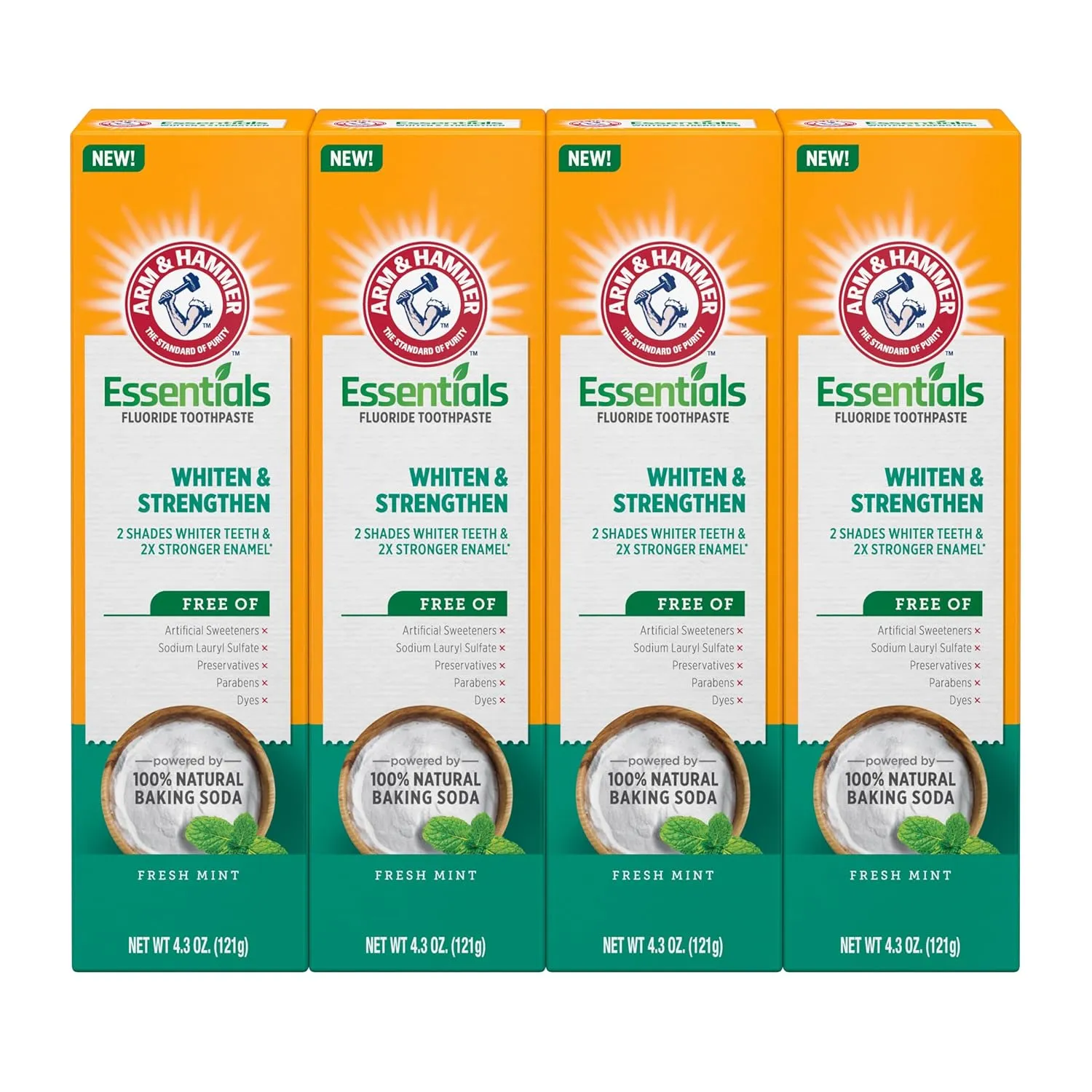 ARM & HAMMER Essentials Whiten & Strengthen Fluoride Toothpaste-4 Pack of 4.3oz Tubes, Fresh Mint- 100% Natural Baking Soda- Fluoride Toothpaste