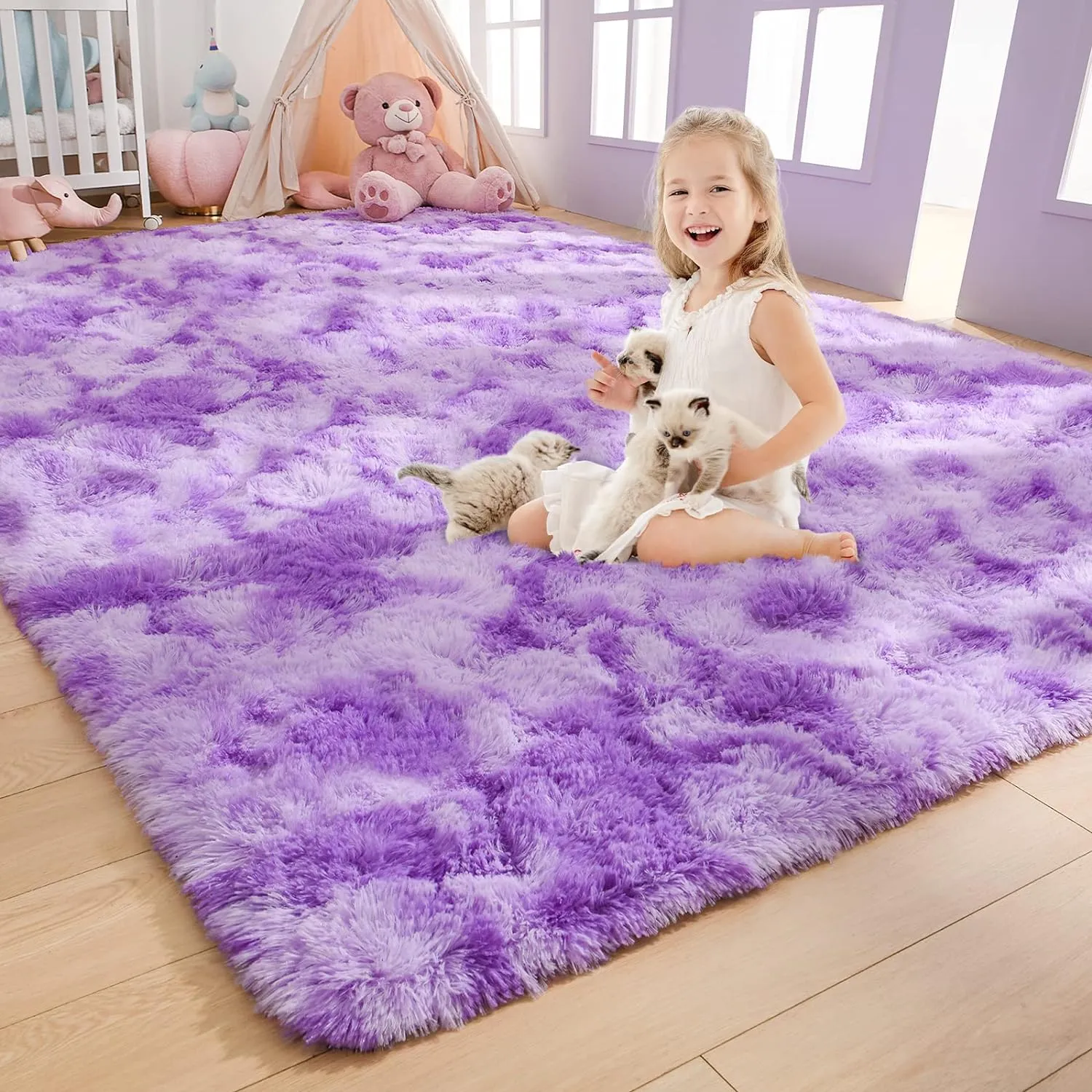AROGAN Soft Rainbow Area Rugs for Girls Room 3x5 Feet, Fluffy Girls Bedroom Rugs, Princess Rug, Cute Colorful Carpet for Kids Teens Nursery Toddler （Purple）