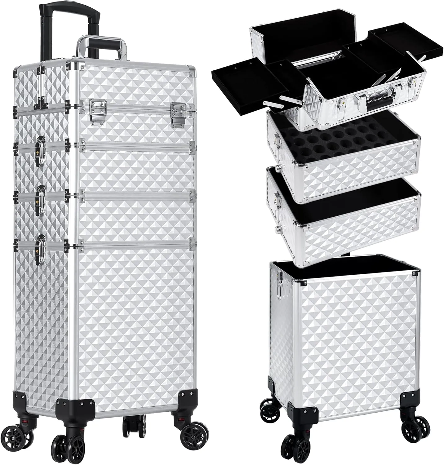 AROUS Rolling Makeup Train Case Large Storage Cosmetic Trolley 4 in 1 Large Capacity Trolley Makeup Travel Case with Key Swivel Wheels Salon Barber Case Traveling Cart Trunk, Silver