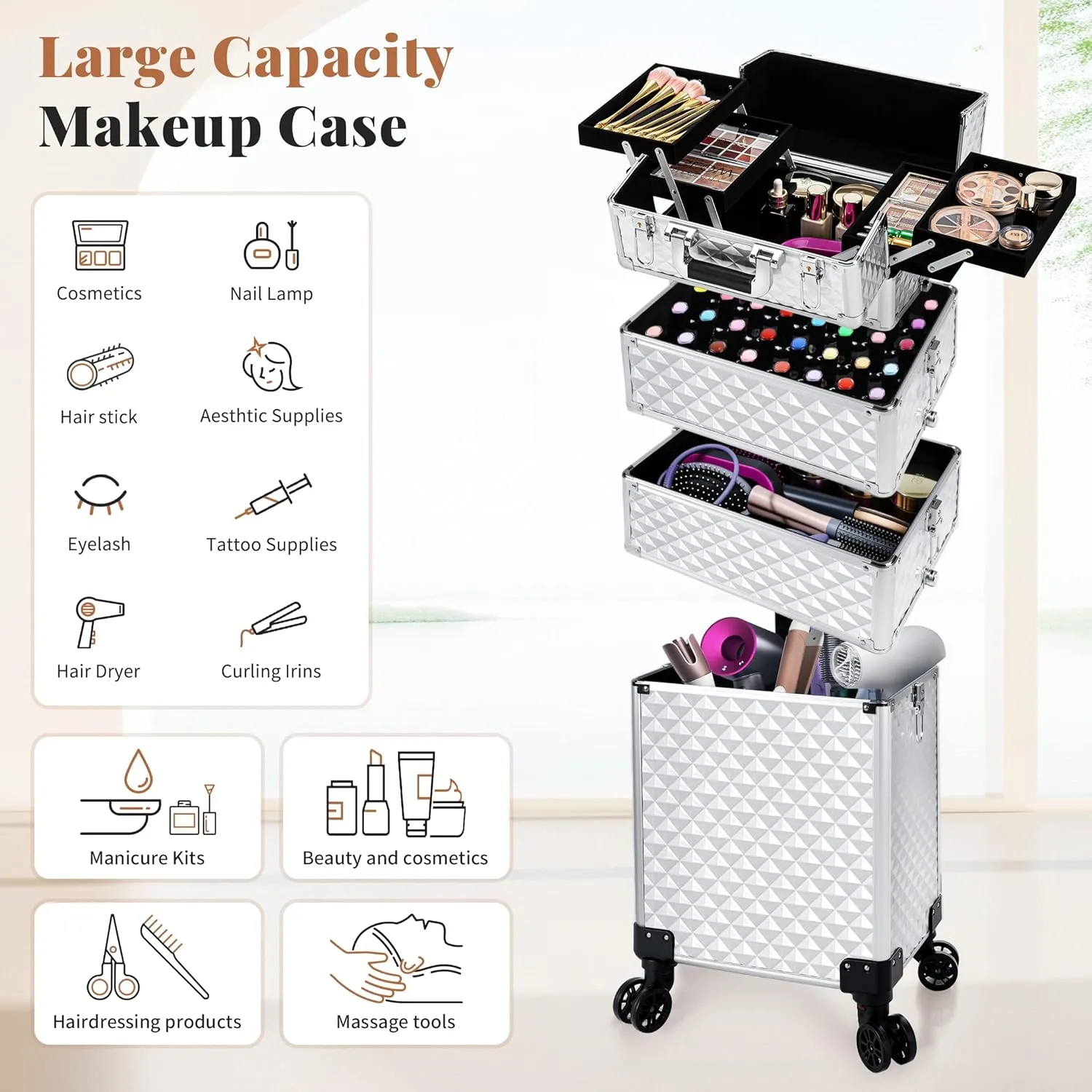 AROUS Rolling Makeup Train Case Large Storage Cosmetic Trolley 4 in 1 Large Capacity Trolley Makeup Travel Case with Key Swivel Wheels Salon Barber Case Traveling Cart Trunk, Silver