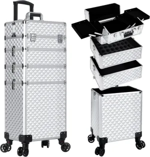 AROUS Rolling Makeup Train Case Large Storage Cosmetic Trolley 4 in 1 Large Capacity Trolley Makeup Travel Case with Key Swivel Wheels Salon Barber Case Traveling Cart Trunk, Silver