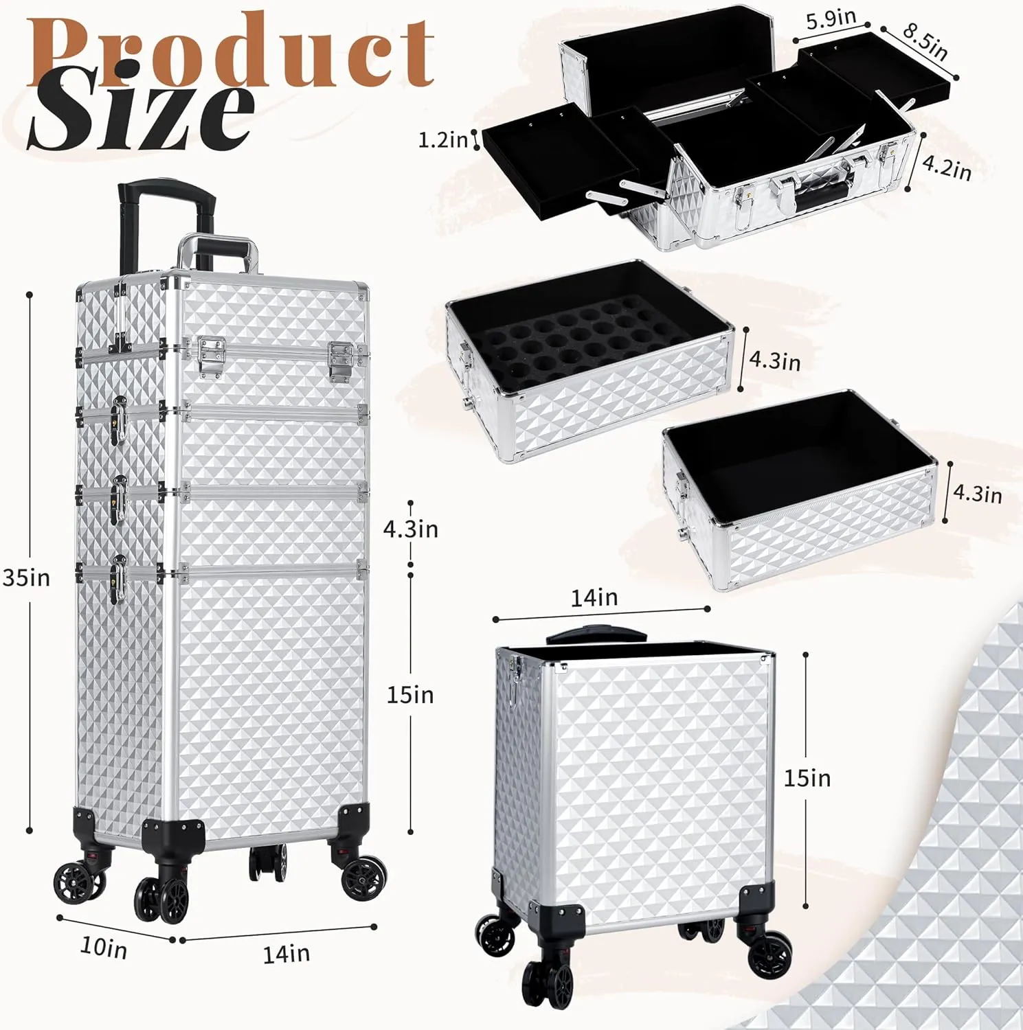 AROUS Rolling Makeup Train Case Large Storage Cosmetic Trolley 4 in 1 Large Capacity Trolley Makeup Travel Case with Key Swivel Wheels Salon Barber Case Traveling Cart Trunk, Silver
