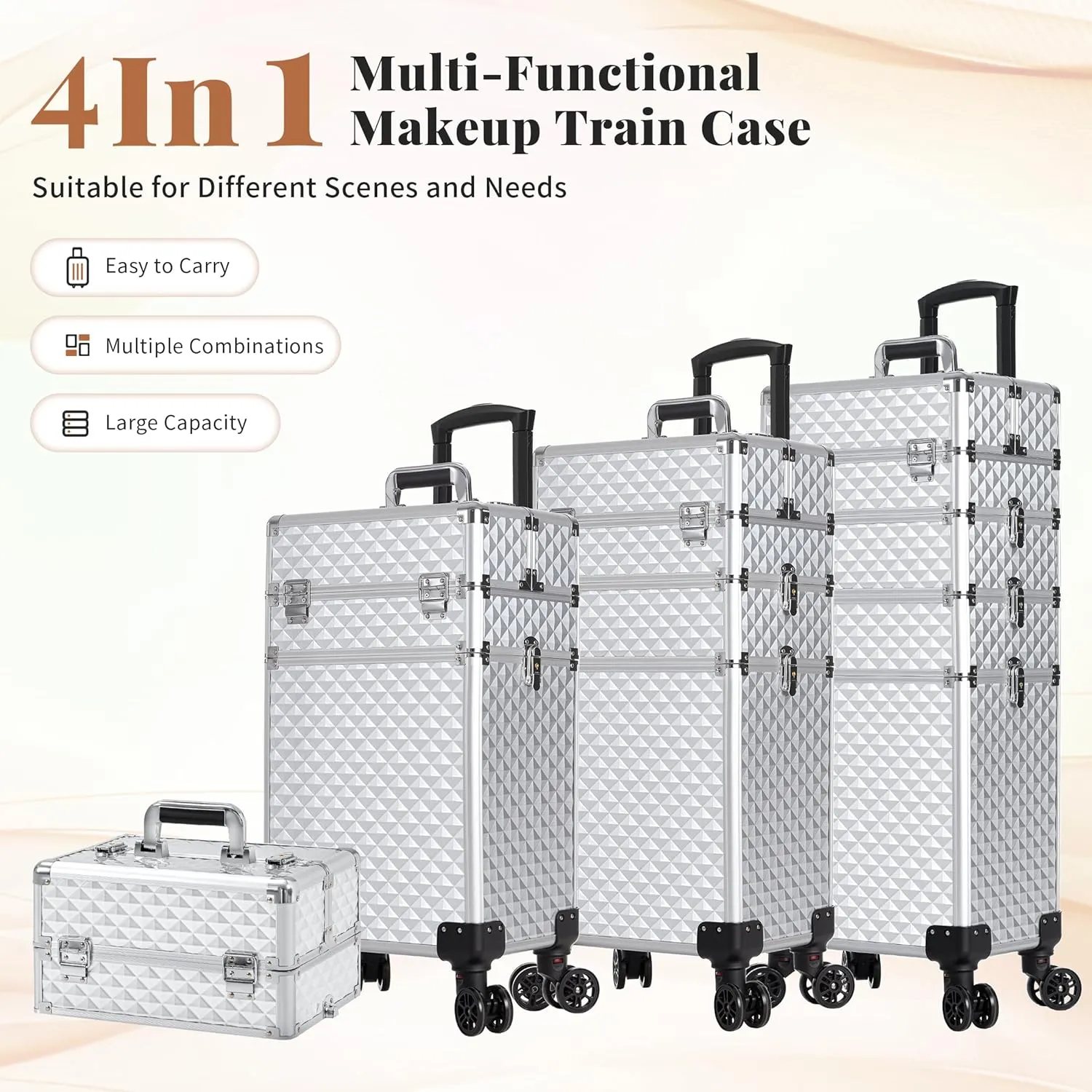 AROUS Rolling Makeup Train Case Large Storage Cosmetic Trolley 4 in 1 Large Capacity Trolley Makeup Travel Case with Key Swivel Wheels Salon Barber Case Traveling Cart Trunk, Silver