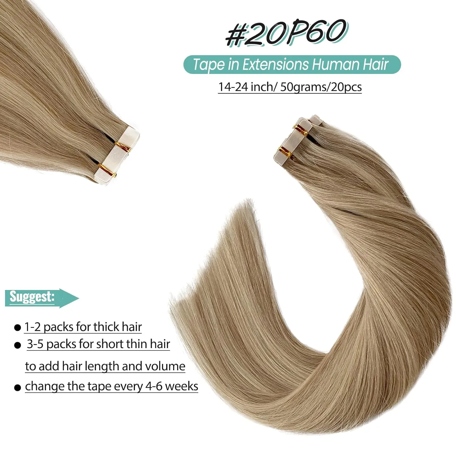 Ash Blonde Balayage Human Hair Extensions - Tape in 14 Inch 50g 20pcs Seamless Straight Real Human Hair Tape-ins with Mixed Platinum Blonde Highlights for White Women