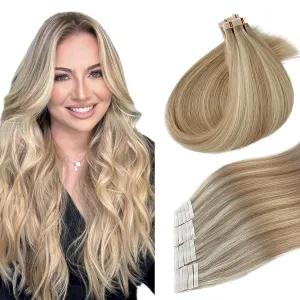 Ash Blonde Balayage Human Hair Extensions - Tape in 14 Inch 50g 20pcs Seamless Straight Real Human Hair Tape-ins with Mixed Platinum Blonde Highlights for White Women