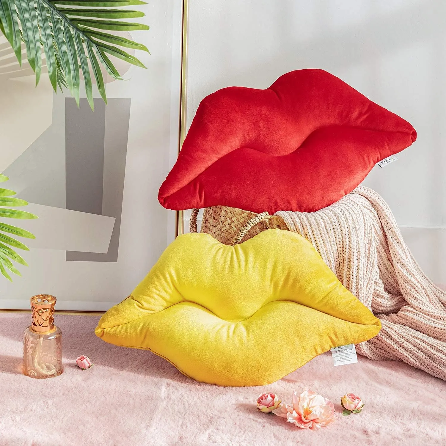Ashler Lips Throw Pillows Smooth Soft Velvet Insert Included, Lip Shaped Pillow for Bed Living Room, New Red, 24 X 12 inches