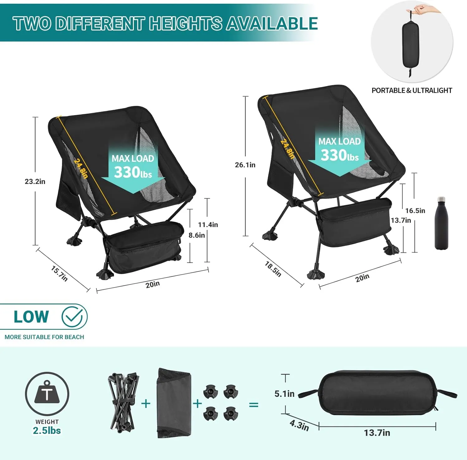 ATEPA Backpacking Chair, Ultralight Folding Portable Small Camping Chairs for Adults Compact Foldable Beach Seat with Anti-Sinking Feet & Aluminum Frame for Outdoor Hiking Travel Fishing