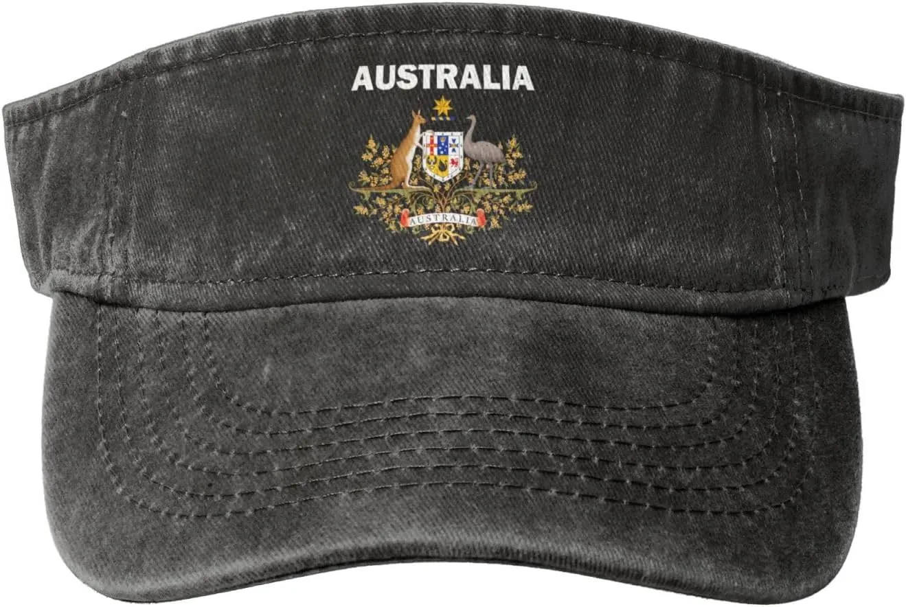 Australia Coat of Arms Flag Washed Denim Visor Hat for Men & Women, Adjustable Sun Cap with UV Protection