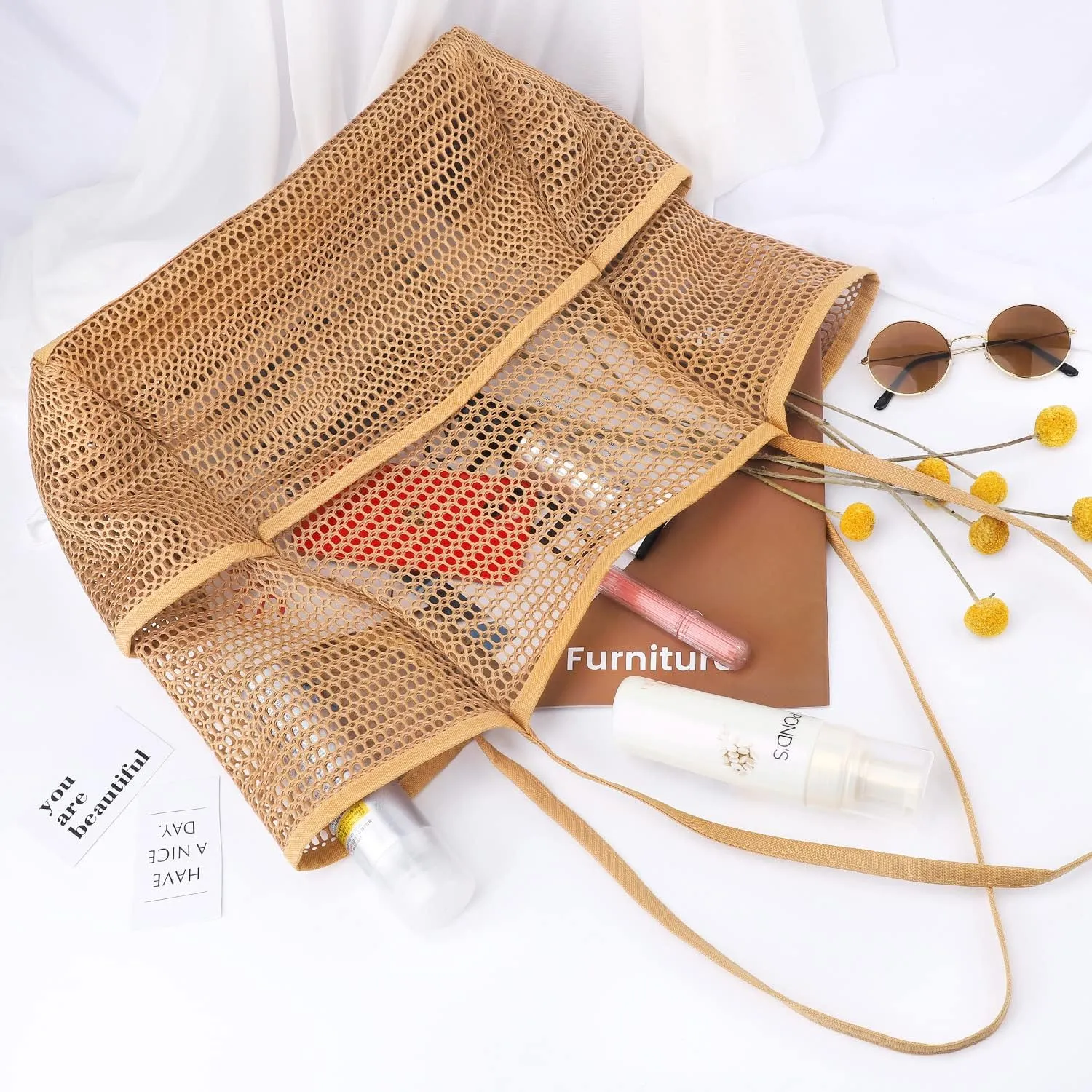 Ayieyill Mesh Beach Bag Tote Bag for Women, Foldable Swim Large Beach Tote Bag with Zipper Pockets Waterproof Sandproof